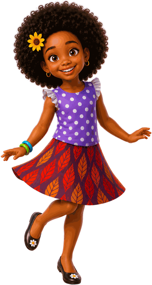 Smart Sindara, a joyful young African girl with a natural afro, sunflower, purple polka-dot top and ankara skirt, dancing