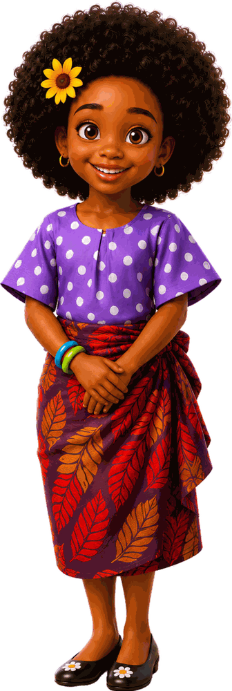 Smart Sindara, a young African girl in a purple polka-dot top and ankara wrap skirt, smiling